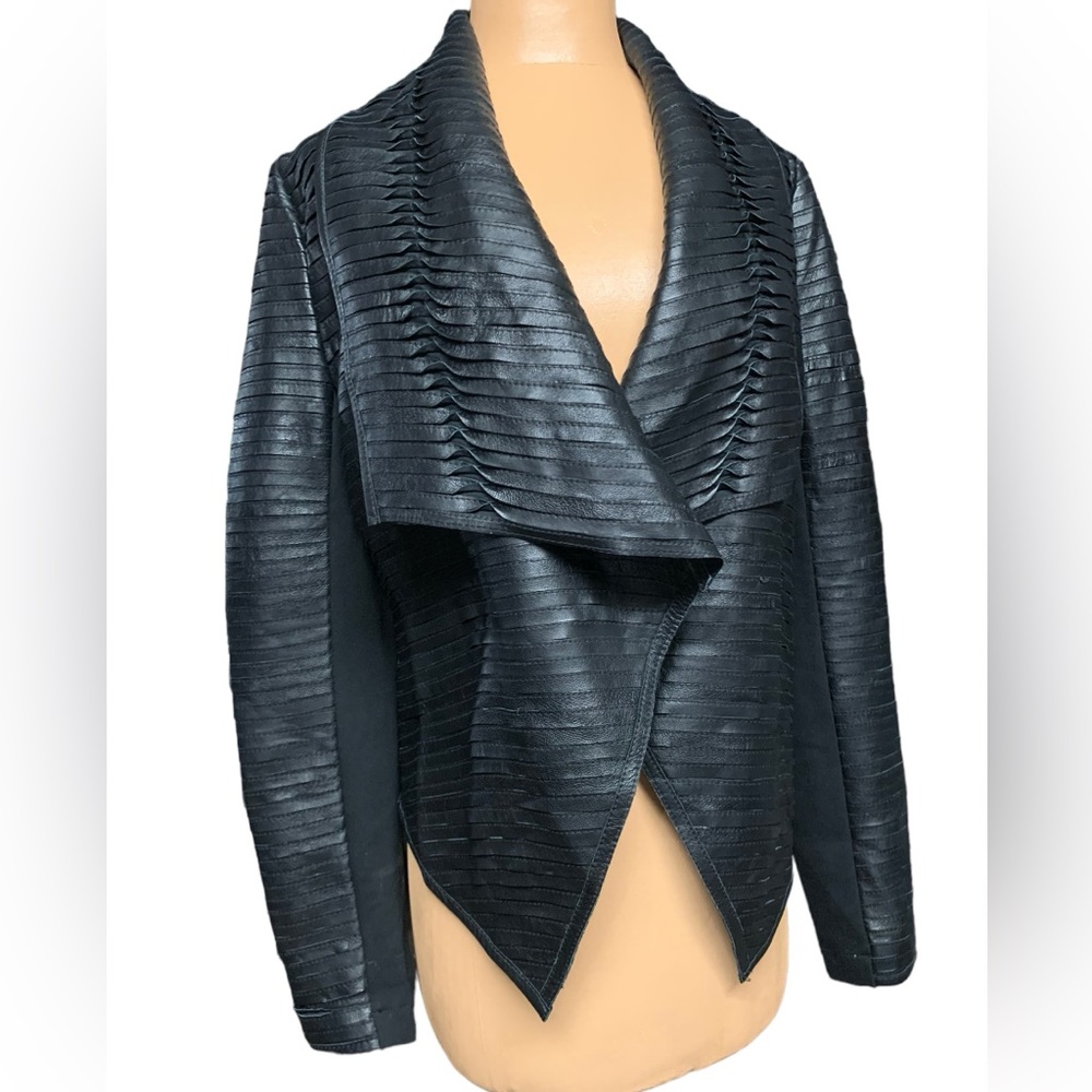 Black Leather Ribbed Draped Jacket - Womens - Picture 3 of 11